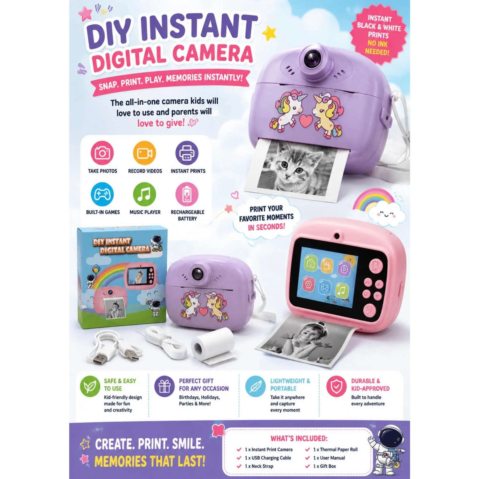 DIY Instant Digital Print Camera for Kids | Rechargeable Thermal Photo Camera Purple