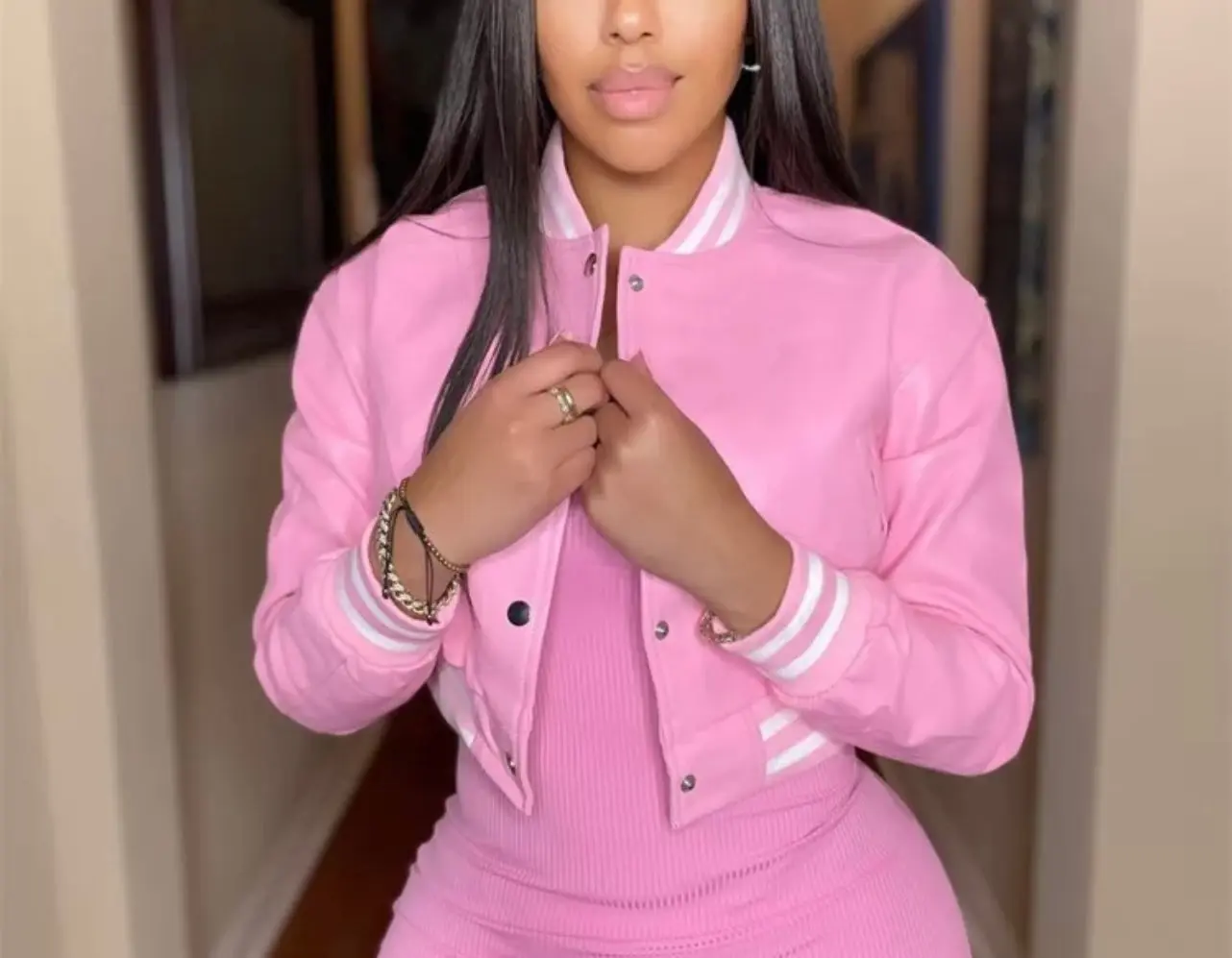 Baddie Pink PU Bomber Jacket - Women's Casual Coat with Button Front, Long Sleeve, and Comfortable Fit