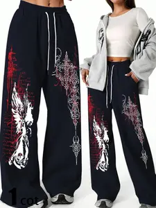 Women's vintage totem pattern straight-leg sweatpants with elastic waistband and drawstring design, loose fit, sporty street style, Y2K style, comfortable and casual, Athleisure Style Bottoms, suitable for everyday wear in all seasons