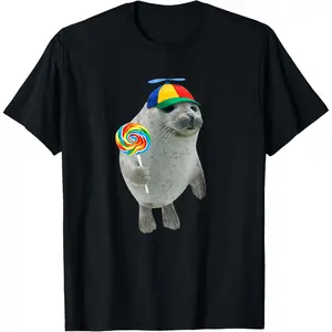 100% Cotton Silly Seal with Lollipop Meme T-Shirt