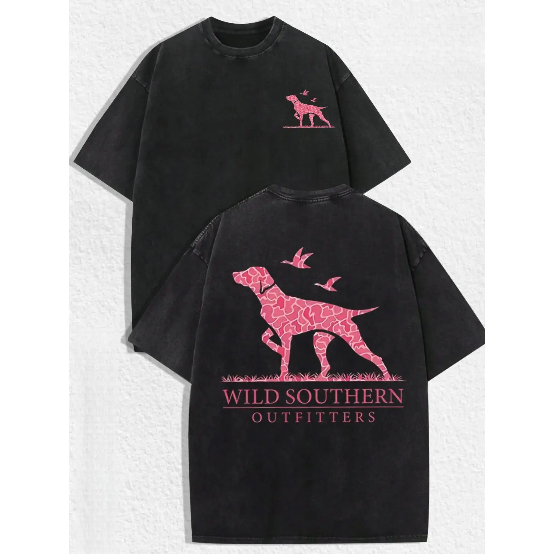 "Wild Southern Outfitters" Pink Camo Hunting Dog Graphic Print, Casual Southern Outdoor Streetwear, Breathable Unisex T-Shirt, Ideal for Daily Wear & Country Style Lovers# casual t-shirt  # graphic print t-shirt