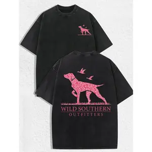 "Wild Southern Outfitters" Pink Camo Hunting Dog Graphic Print, Casual Southern Outdoor Streetwear, Breathable Unisex T-Shirt, Ideal for Daily Wear & Country Style Lovers