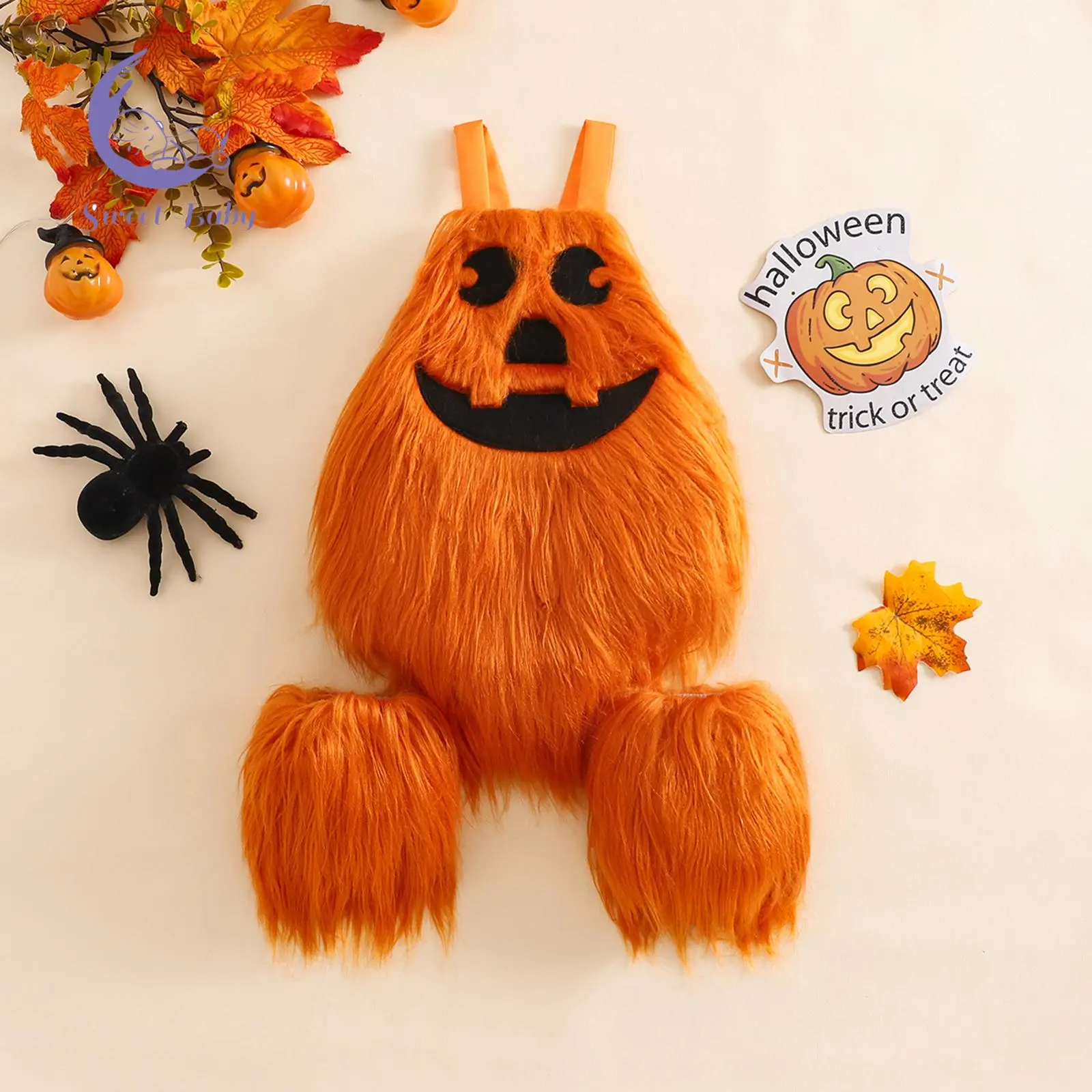 Baby Halloween Cosplay Costume Sleeveless Pumpkin Print Romper Role Play Outfits with Feet Covers