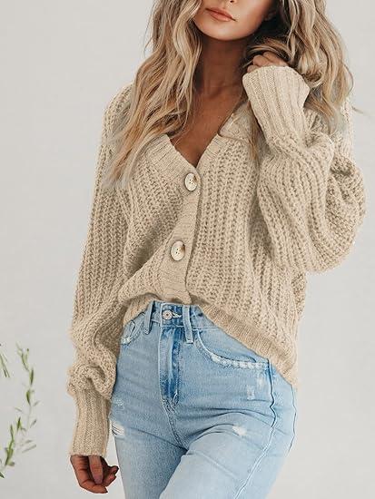 TFNOSIZE Women's Chunky Knit Open-Front Sweater Long Sleeve Button Loose Fit Short Cardigan Outerwear Coat