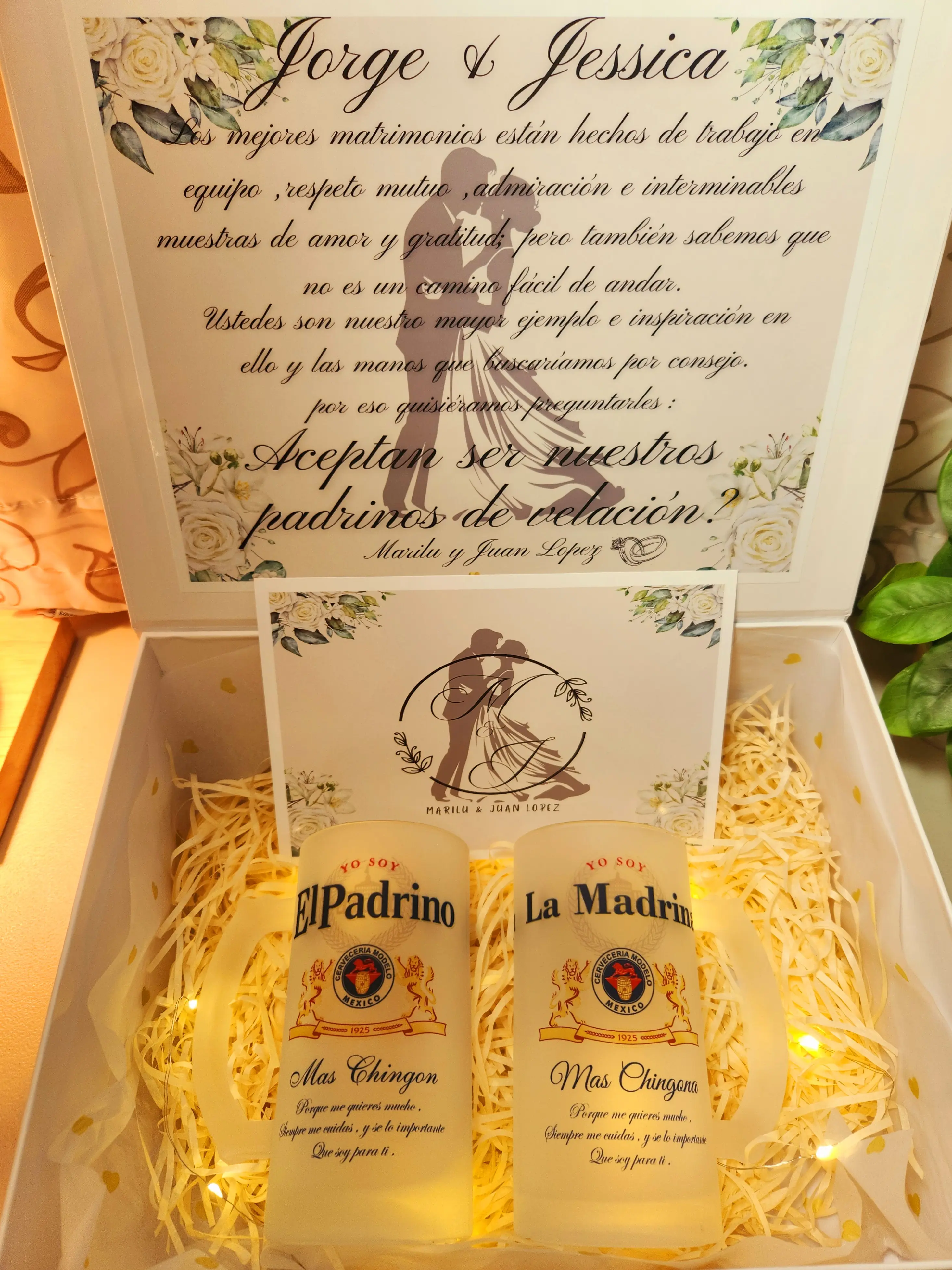 Aceptan ser nuestros padrinos de Velación gift box to ask your friends be part of your wedding with two glasses 16oz Drinkware