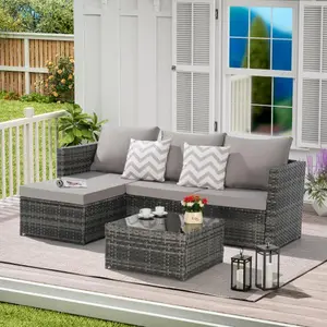 Patio Furniture Set, 5PCS Outdoor Sectional with Ottoman Wicker Rattan Patio Furniture with Thickened Cushion Modular Wicker Patio Conversation Set with Glass Top Table for Balcony, Backyard (Light Gray )