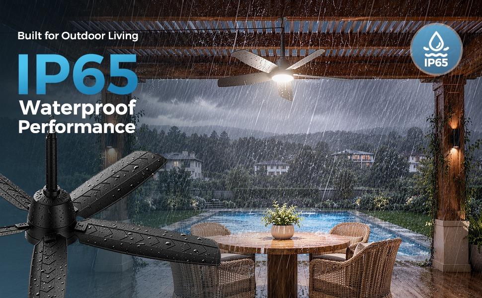36 In Modern Plug-in Ceiling Fan with Round Blades, Dimmable LEDs, Remote Control, 6 Speeds, Reversible DC Motor, IP65 Waterproof Black Fan for Patios, Decks (Indoor-Outdoor Use for Outdoor Users), Ceiling Fan With Light, Abs+Pc