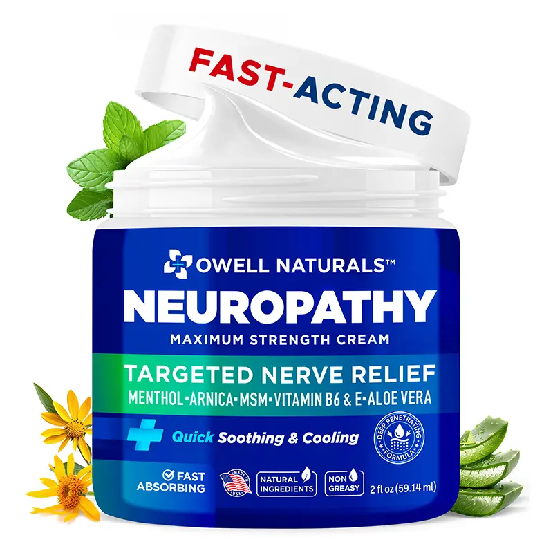 OWELL NATURALS Neuropathy Cream - Cracked Skin Repair for Adults, Cruelty-Free Fast-Acting All-Natural Moisturizer with Arnica, Vitamin B6 + Aloe Calm, MSM, Cooling Mint, Made in USA (Hands, Legs, Toes)