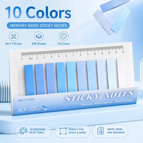 Color-Coded Index Page Marker Stickers, 200-Sheet 10-Color Blue Gradient Sticky Notes (85x170mm), Removable Writable Coated Tabs for Office, School (includes sticker)