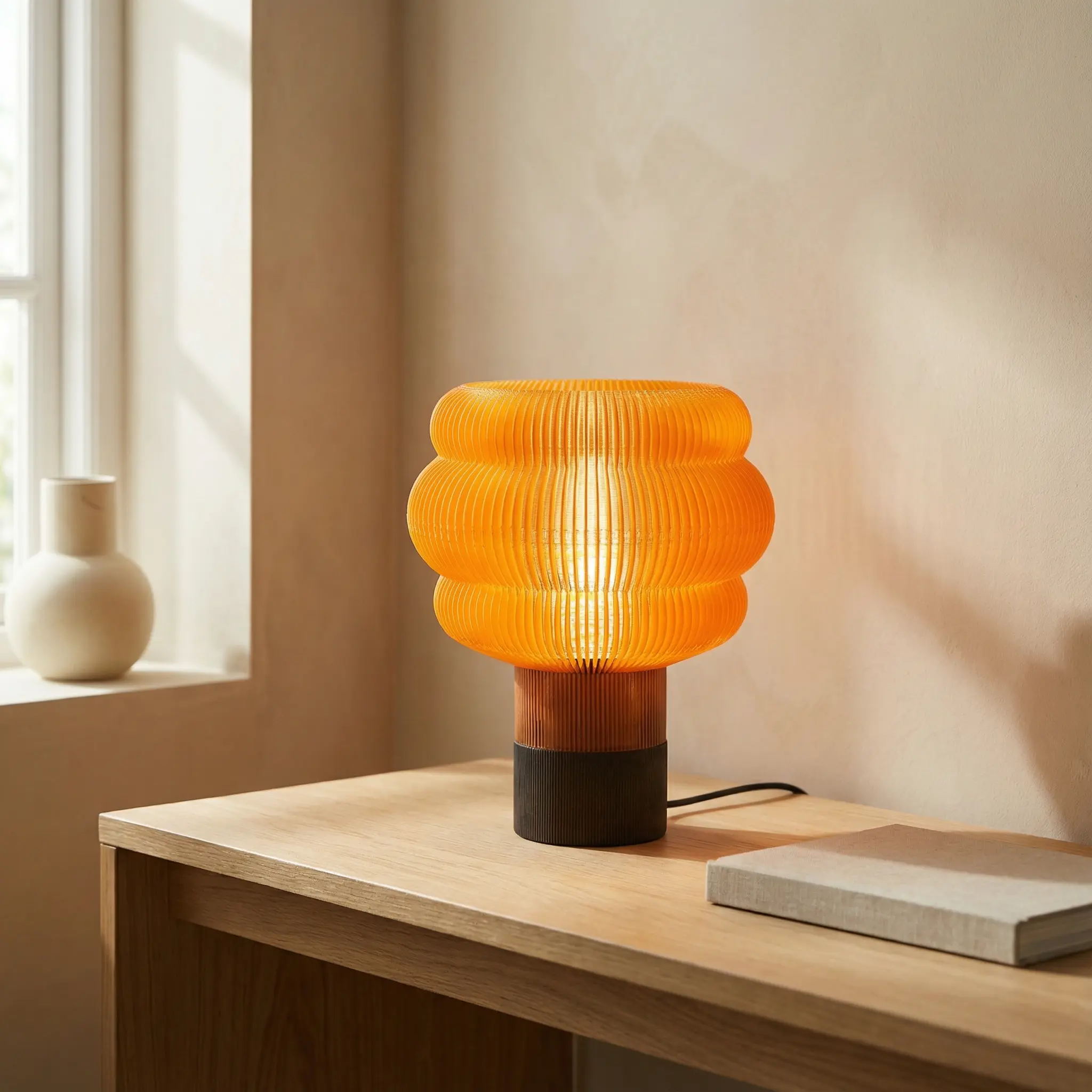 Unique Ribbed Lamp - Minimalist Nightstand Light, Aesthetic Mood Lighting, Hand-Finished Modern Home Decor Gift, 3D Printed Plant-Based Bioplastic, Warm White LED Bulb Included, Compact 10-inch Height