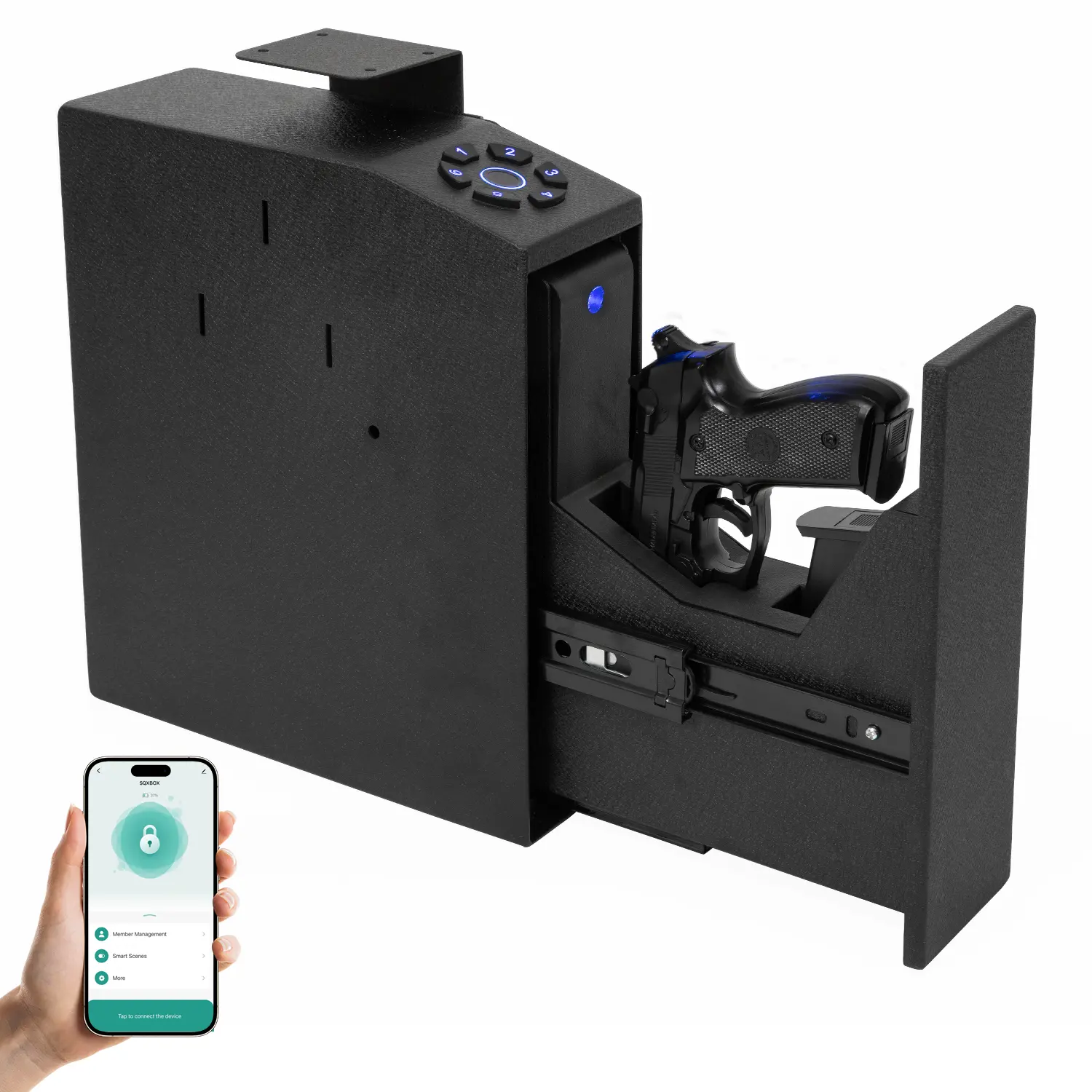 Steelite Biometric Gun Safe with App Control - Quick Access Pistol Safe, Auto-Open 3-in-1 Lock (Fingerprint/Keypad/Key), Anti-Pry Alloy Steel, Hidden Mountable for Bedside, Truck, Nightstand, Desk, Wall & Vehicle, Biometric Fingerprint Safes, Keypad Entry