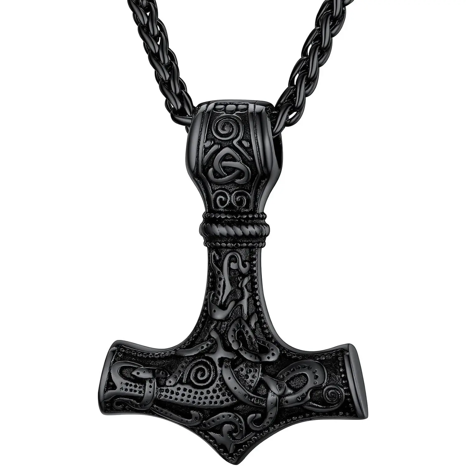 Mjolnir Thor's Hammer Necklace for Men, Vintage Viking Rune Amulet in Black Plated Stainless Steel with 24-Inch Heavy Spiga Chain
