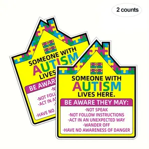 2 Pack, PVC Material Autism Residence Alert Sticker - Follow Instructions to Assist Autistic Individuals in Emergencies, Suitable for Doors/Windows of Autistic Persons' Homes, For Autism Families & Caregivers, Self Adhesive Stickers