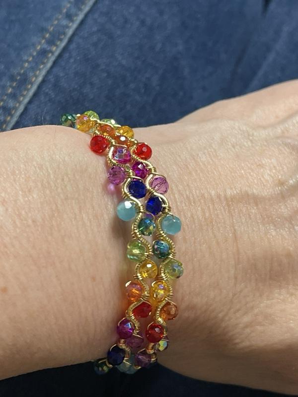 PRIDE Rainbow on Gold Copper Core Wire Wrap Dainty Wave Bangle Bracelet Handmade Adjustable Unique Design with Pink Pearl Hook Closure