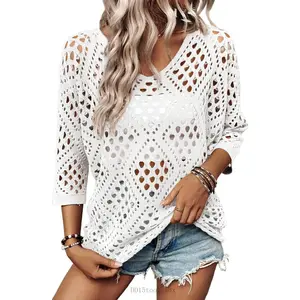 Womens Summer Tops Hollow Out Beach Crochet Cover Ups V Neck 3/4 Sleeve Pullover Sweater ShirtsDD15tool sdx