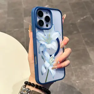 Chic Magnetic Case for iPhone11/12/13/14/15/16/promax Blue Lilies MagSafe Ready, Anti-Slip, Ultra Thin | Aesthetic Touch for Daily Use
