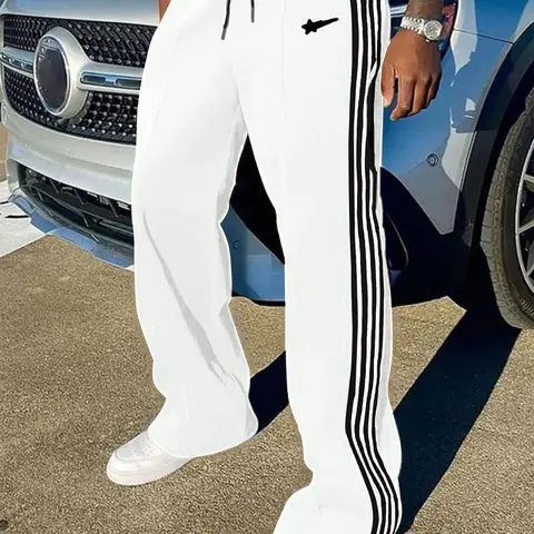 Men's Side-Stripe Loose-Fit Straight-Leg Track Pants with Drawstring Waist, Breathable Casual Sports Bottoms for All-Season Wear, Multiple Colors Available
