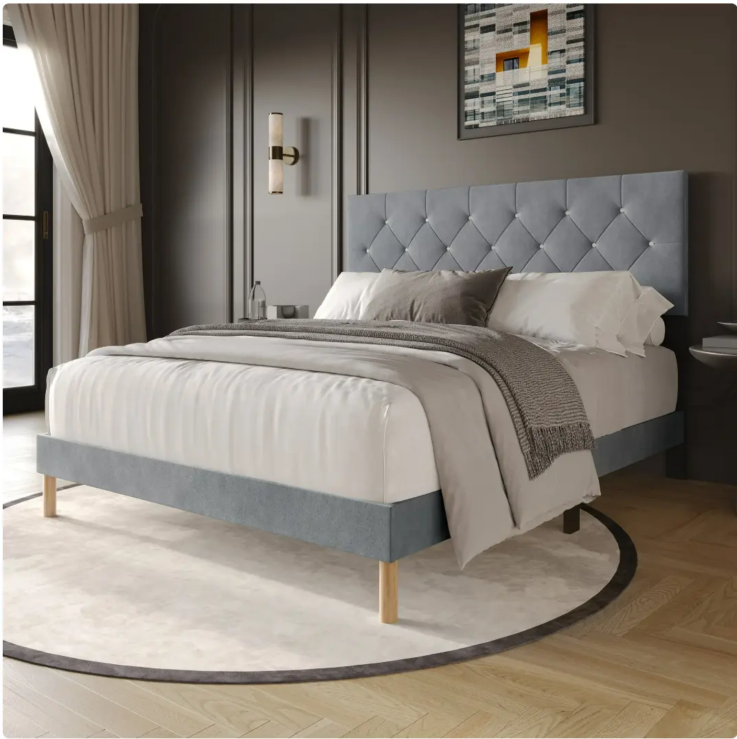 Modern Diamond Tufted Velvet Upholstered Full/ Twin/ Queen Bed, Light Grey