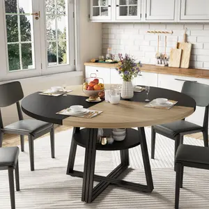 Farmhouse Round Dining Table for 4-6 with Storage Shelf – 47.2" Wood Kitchen & Dining Room Table – Space-Saving, Modern Black, Metal Square Legs