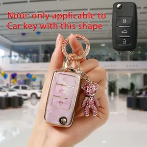 3 Piece Tpu Soft Car Key Case Set, Car Key Protector with Plum Blossom Design, Crystal Bear Keychain, Screwdriver Keychain for Volkswagen Models, Car Key Accessory