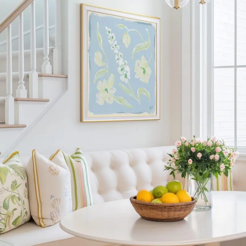 Blue & Green Floral Botanical Print Grandmillennial Wall Decor Modern Southern Art