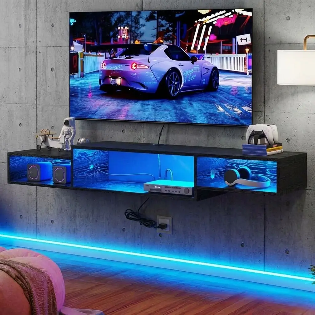 59in Wall Mounted Floating TV Shelf - Durable Waterproof Composite Wood Media Console with USB Charging Station, RGB Ambient LED Lights, Asymmetric Storage, Effortless Wall Mount Assembly for Living Room Gaming Devices (Black, Rustic Brown), Modern
