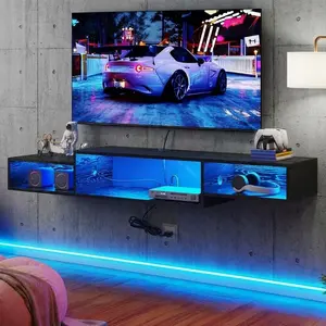 Wall Mounted Floating TV Shelf 59inch With USB Power Outlet And LED Lights, Modern Storage Media Entertainment Center, Waterproof Composite Wood Floating Console For Gaming Device Home Living Room Bedroom In Black Rustic Brown