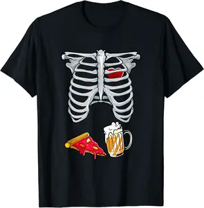 Dad Skeleton Halloween Beer Pizza Funny Pregnancy Couple Men T-Shirt - Kadondaxe Shop 69B0BCKF6CCB