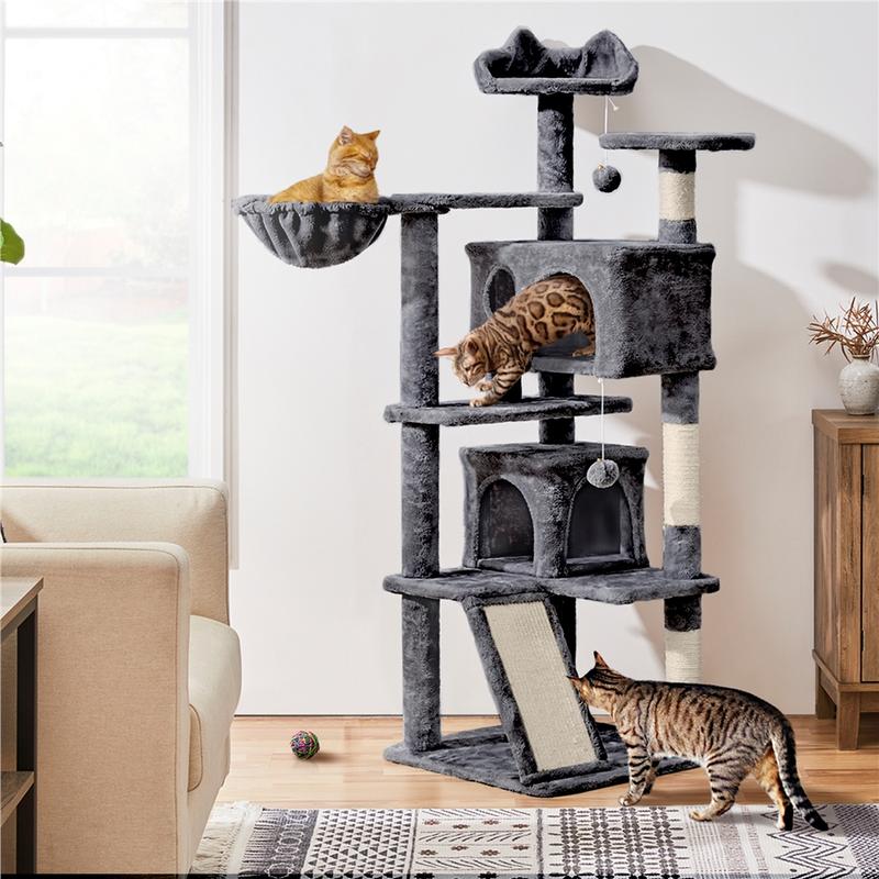 【On Sale】Yaheetech 54"/57''/63"/79"/82" Cat Tree Multilevel Cat Tower with 2 Condos & Dangling Ball & Round Platform & Ladder