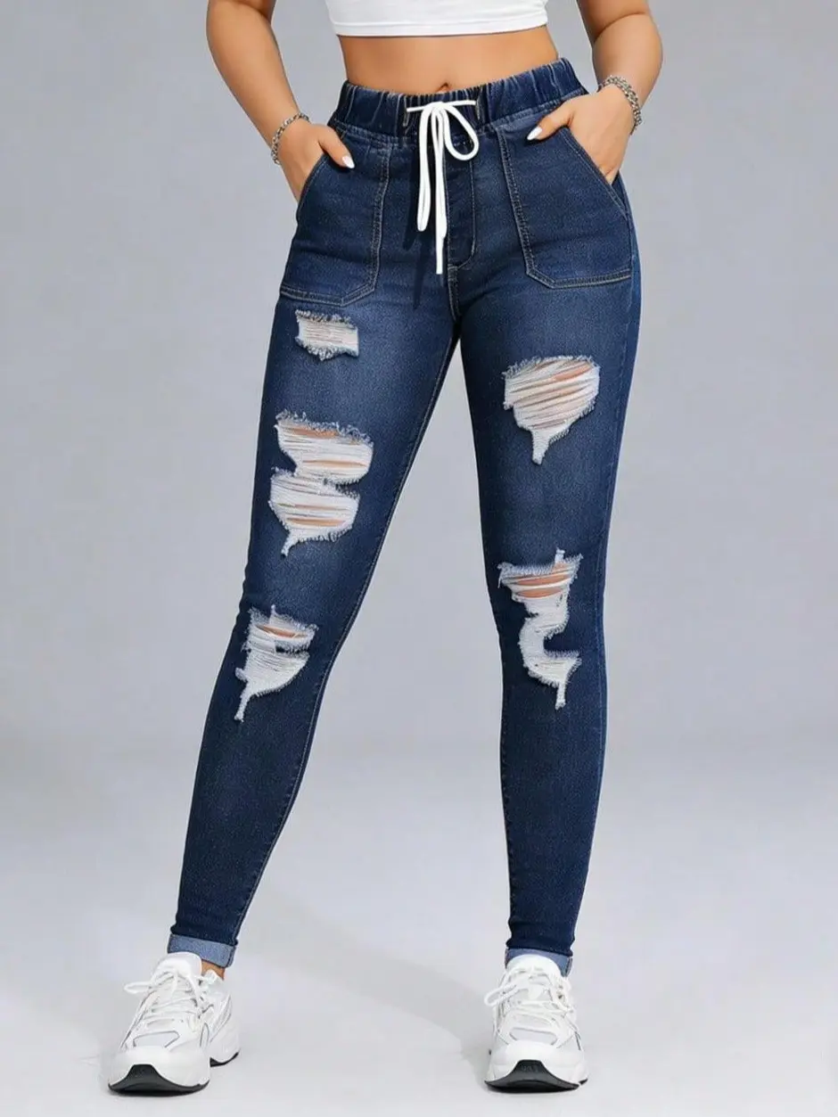 Streetwear Multi Rip Cargo Pocket Drawstring Elastic Waist Skinny Denim Jogger Pants