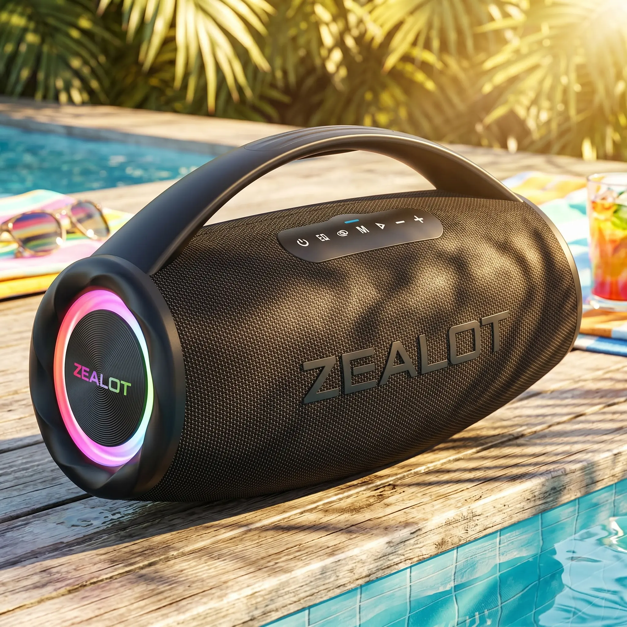 120W Maximum power [ZEALOTs] Outdoor Speaker, IPX6 Waterproof Portable Wireless Speaker with RGB Lights & Deep Bass, 16000mAh Power Bank, Perfect for Summer Pool Parties, Backyard BBQ, and Camping