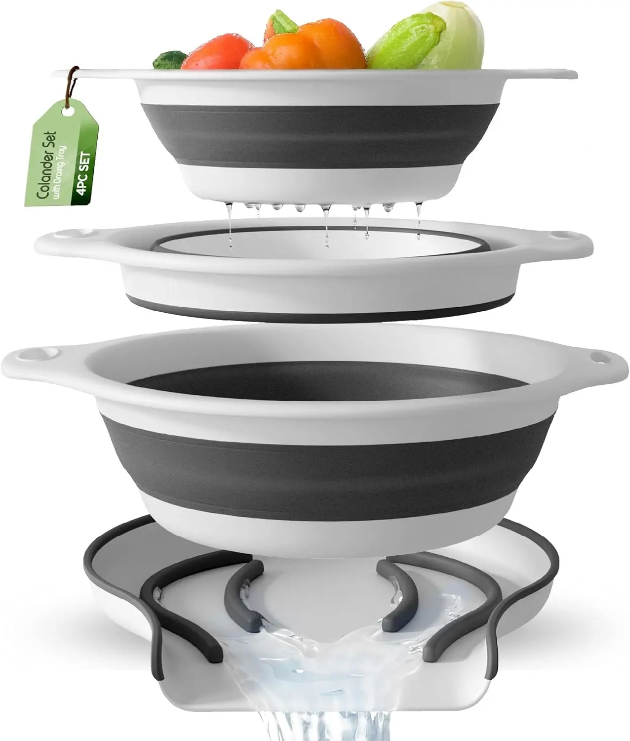 3 Pack Collapsible Colander Set with Drain Tray | Silicone Food Strainers for Pasta, Fruits & Vegetables | Foldable Kitchen Colander Over Sink Gevoli