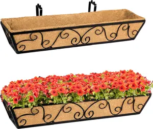 Y&M 30 Inch Window Deck with Coco Liner, Fence Metal Hanging Flower Planter Window Basket Deck Railing Planter Boxes for Outdoor Garden Lawn-Butterfly, 2pcs planter basket