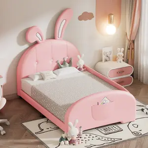 Bellemave Twin Size Upholstered Rabbit-Shape Princess Bed with Headboard & Footboard Pink MDF Bedframe for Children's Bedroom Set SKU WF 311629 AAH