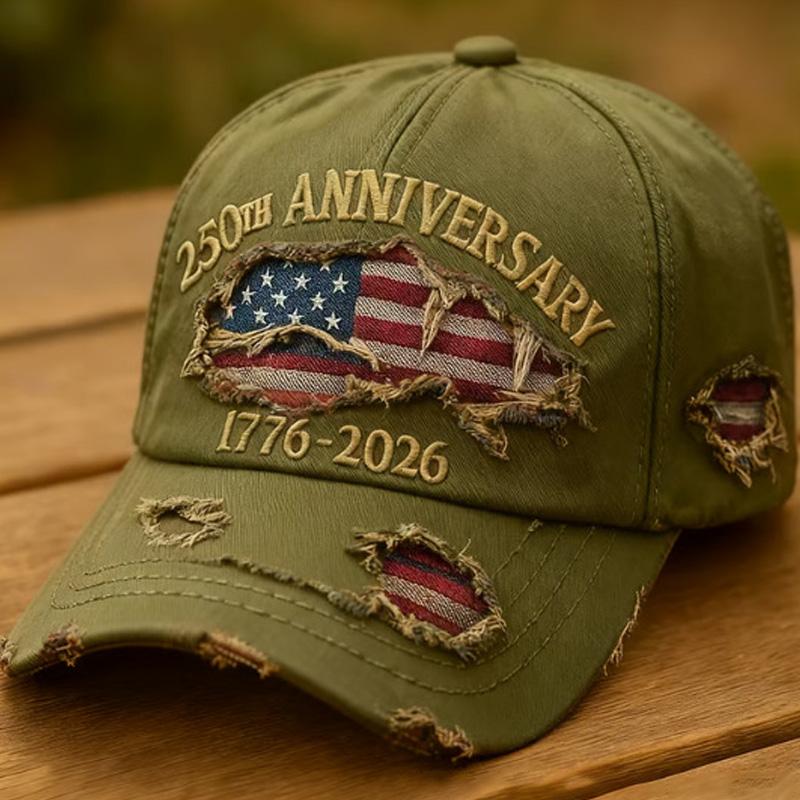 250th Anniversary Baseball Cap, USA 1776-2026, Patriotic Fashion Casual Style, Pairs well with ripped jeans and embroidered map of the United States.