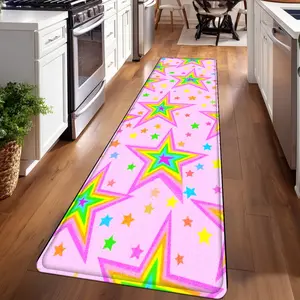 1PC， Colorful Stars on Pink Background Patterned strip rugs, home décor, bathroom mats, entryway mats, bathroom non-slip mats, indoor entrance rugs, bedroom bedside mats, kitchen mats, hallway rugs, flannel sponge rugs, hallway runner rugs