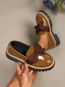 Ladies' Spring/Summer Fashion Retro Valentine's Day Loafer Shoes/Leather Shiny Bowknot Decoration Thick Bottom High Platform Outdoor Casual Shoes/Lightweight Comfortable Soft Sole Skid-Resistant Durable Commuting Sports Shoes
