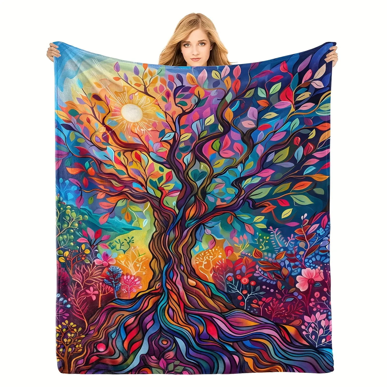 Sunshine Tree Flannel Blanket, Comfortable Lightweight Thick Life Tree Blanket, Perfect for Bedroom Living Room Sofa Decor Gift