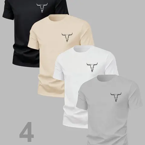 Men's Stylish Versatile Classic Streetwear Casual Comfy Streetwear Cow Head Animal Print T-Shirt 4 Pack, Summer Round Neck Short Sleeve, Casual Comfortable Top for Outdoor Wear, Casual Summer Clothing, Casual Streetwear Tops