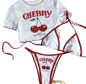 3-piece cherry bikini set.Cute cherry print with red contrast design.Soft, stretchy and quick-dry fabric.Adjustable straps for comfortable fit.Perfect for beach, pool and vacation. swimsuit