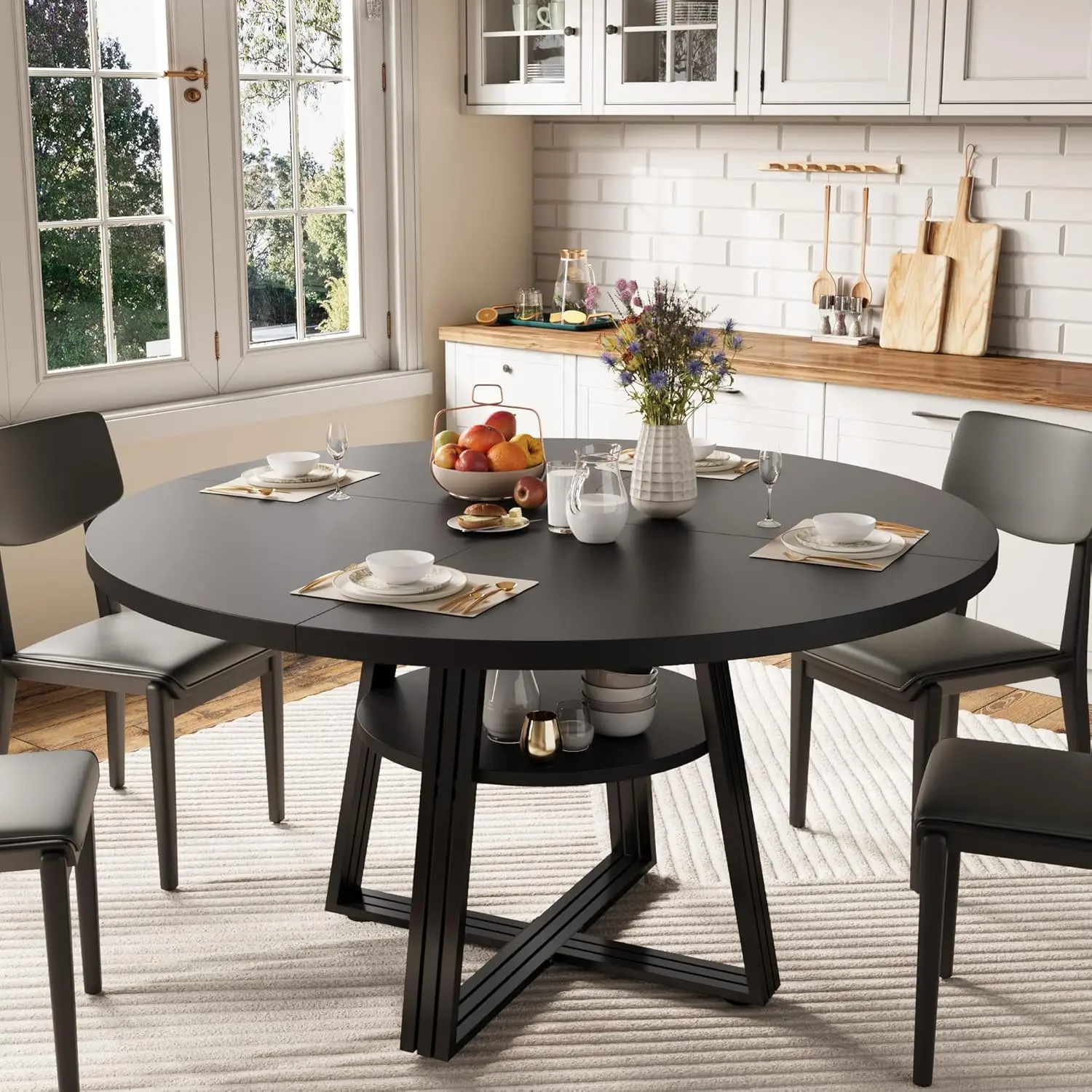 Garvee Round Dining Table, 47 Inches, Suitable for 4 to 6 People, Features Storage, Ideal for Kitchen, Dining Room, Living Room, Meeting Room, or Apartment Use