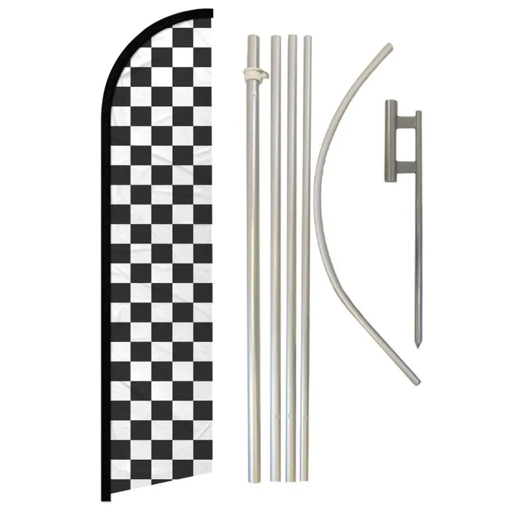 Black & White Checkered Super-Knitted Polyester Windproof Banner Flag Complete Kit - 11.5x2.5 ft, Stable, Durable, Tear-Resistant, Easy-Install, High-Quality Printing with Aluminium-Steel Pole, Curved Sleeve, Ground Spike for Businesses, Festive Backdrops