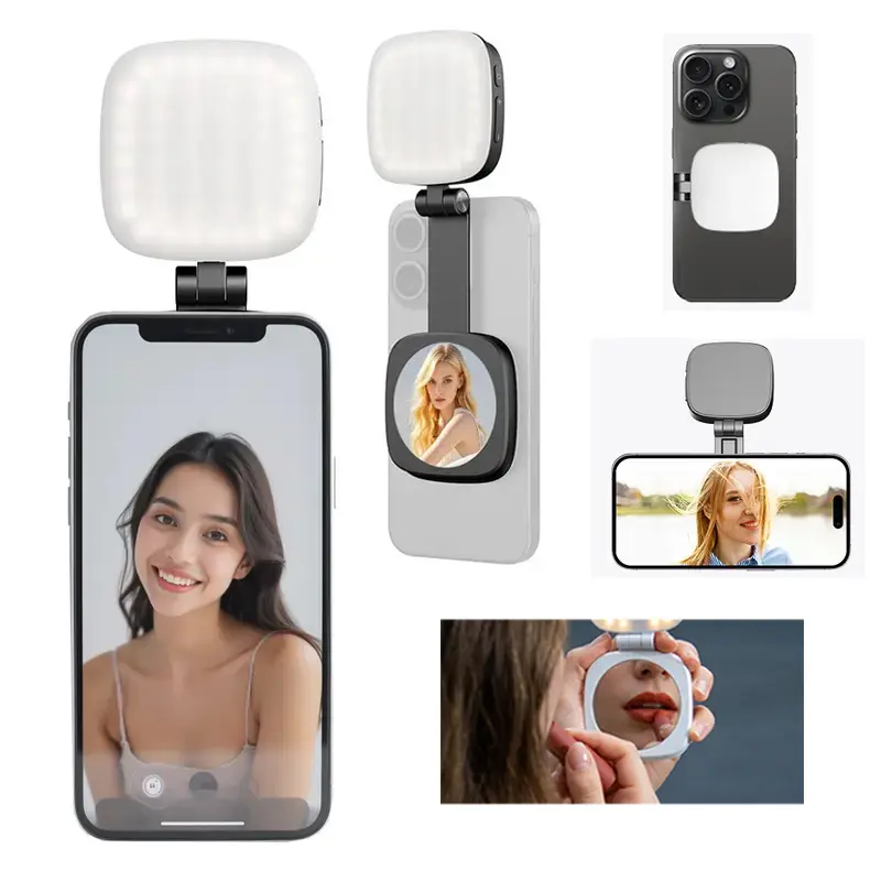 MagSafe Selfie Light with Mirror ＆ Stand! 360° Magnetic Phone Ring Light for TikTok Live, Makeup ＆ Vlogging