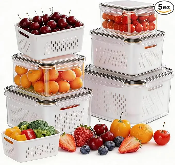 3 Pcs Stackable Refrigerator Produce Storage Boxes with Removable Colander, BPA-Free Plastic Fruit Vegetable Storage Containers, Airtight Sealed Lid for Berry, Greens Fresh Keeping