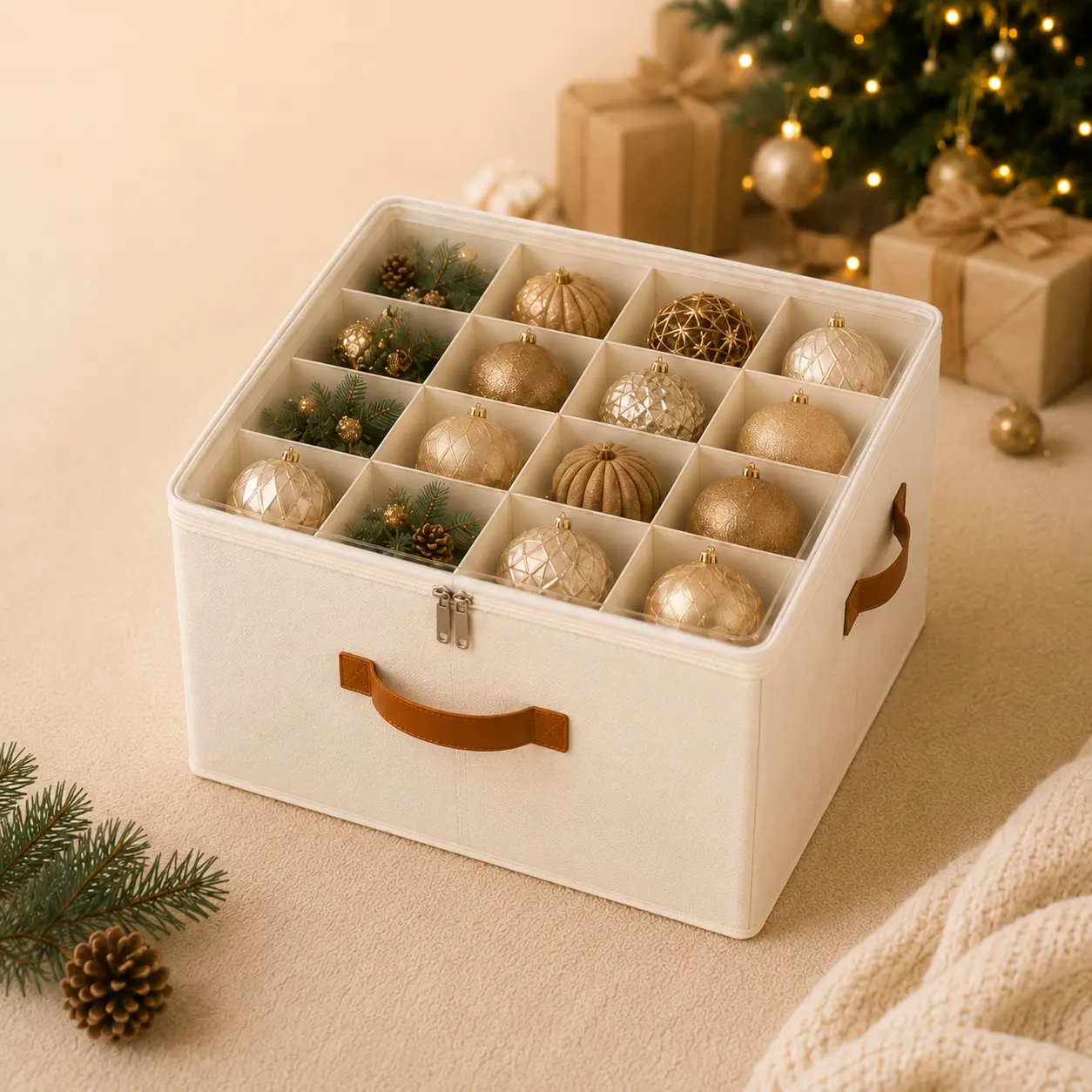 Clear Window Christmas Ornament Organizer | Collapsible Holiday Storage Box with Dividers & Dual Zipper