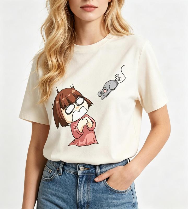 Women's Fitted Cut Cotton Graphic Print T-Shirt - Short Sleeve Crew Neck, Lightweight Comfortable, Beige Scared Anime Girl Design, Casual Beach Short Sleeve Tops #sohochic
