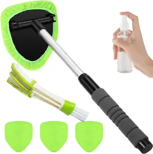 Windshield Cleaning Tool - Extendable Handle Auto Glass Wiper Kit with 3 Reusable Washable Microfiber Pads!Ideal for Car Interior & Exterior, Cleans Dirty Windows with EaseGreenWand + Cloth Pads, Essential Car Cleaning Brushes for Spotless Glass
