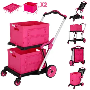 Foldable Shopping Cart with Wheels,With Storage Crates, Multi Use Two Tier Collapsible Cart with 360° Rolling Swivel Wheels Heavy Duty Folding Trolley for Shopping, Picnic and Office,Cosmetic Organizer,Grocery,Warehouse,Garden