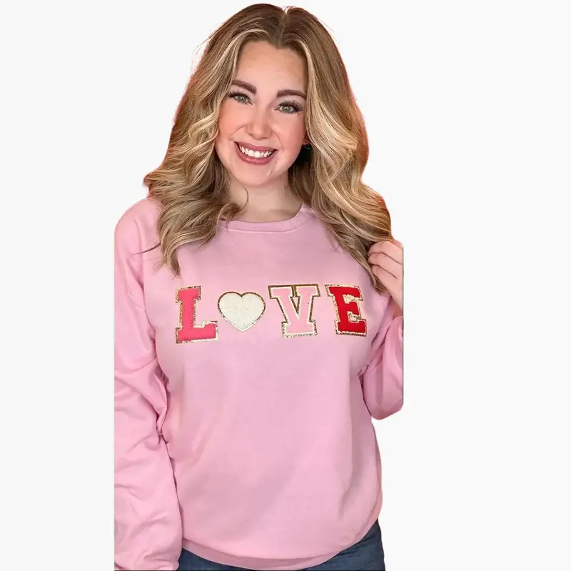 Big Letter Heart Sweatshirt - Crew Neck Long Sleeve Medium Casual Cartoon Winter Top with Valentine's Day Chenille Letters