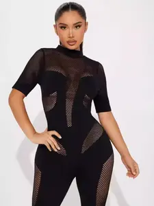 Mesh Patchwork Bodycon Bodysuit, High Neck Short Sleeve Fishnet Cutout Lingerie, Women's Nightclub and Evening